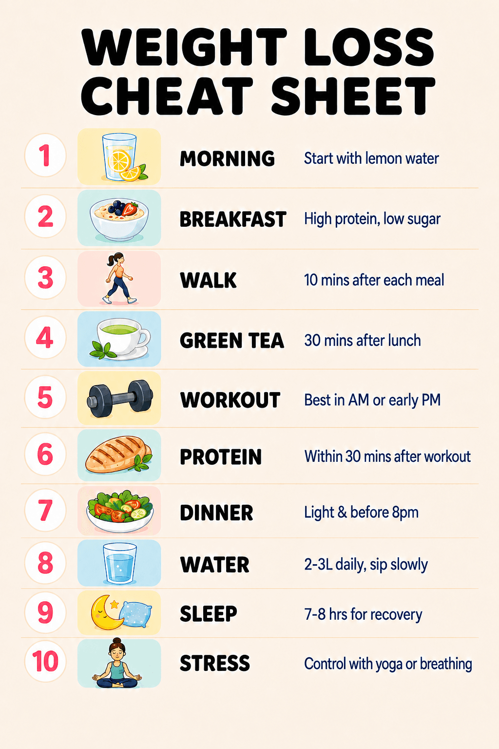 Weight loss cheat sheet infographic showing 10 daily habits: lemon water, high-protein breakfast, post-meal walk, green tea, workout timing, post-workout protein, light dinner, hydration, sleep, and stress control