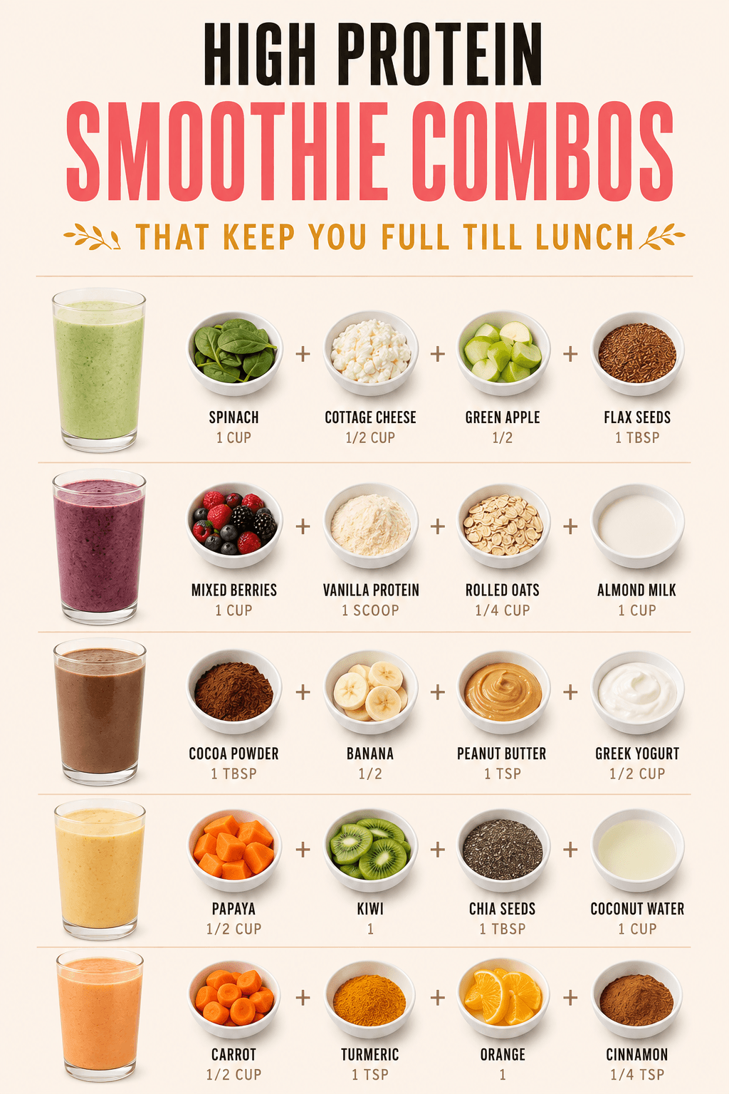 High protein smoothie combos infographic showing 5 recipes: spinach with cottage cheese, green apple and flax seeds; mixed berries with vanilla protein, rolled oats and almond milk; cocoa powder with banana, peanut butter and Greek yogurt; papaya with kiwi, chia seeds and coconut water; carrot with turmeric, orange and cinnamon